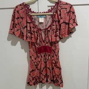 Marciano Pink and Red Patterned Silk Blouse XS